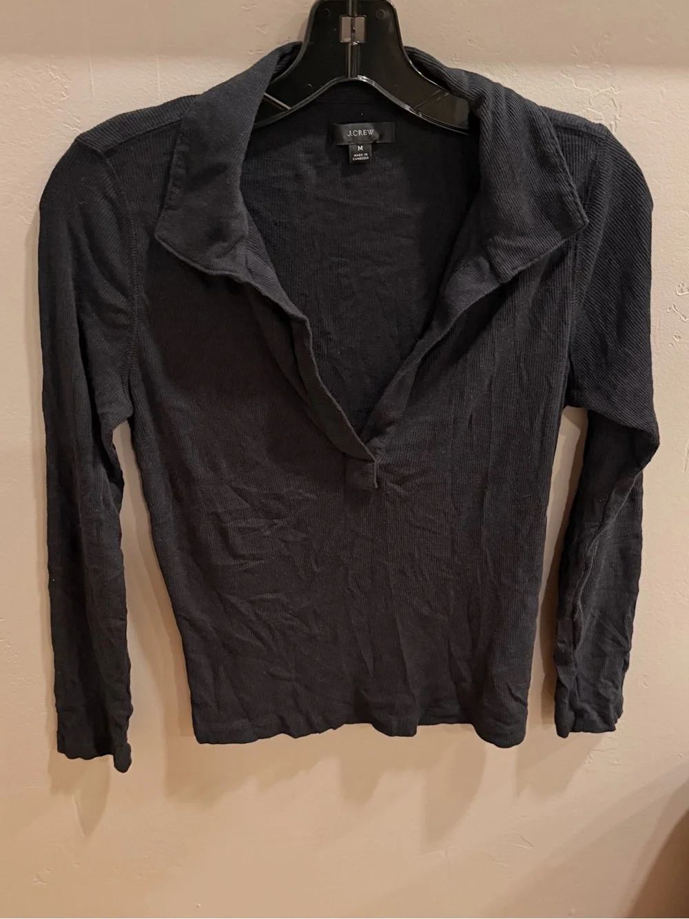 J. Crew Women's Soft Long-Sleeve Ribbed Black Polo T Shirt V-Neck Top #447